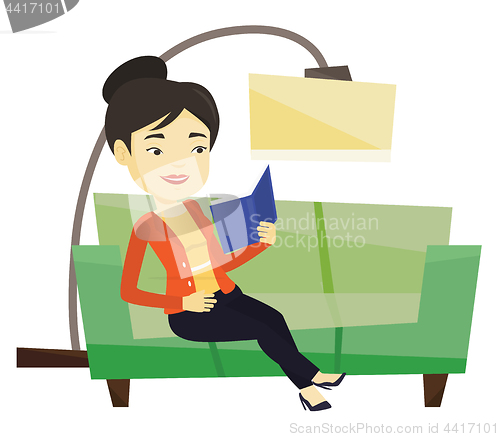 Image of Woman reading book on sofa vector illustration.