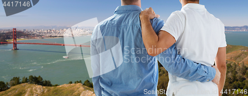 Image of close up of gay couple over golden gate bridge