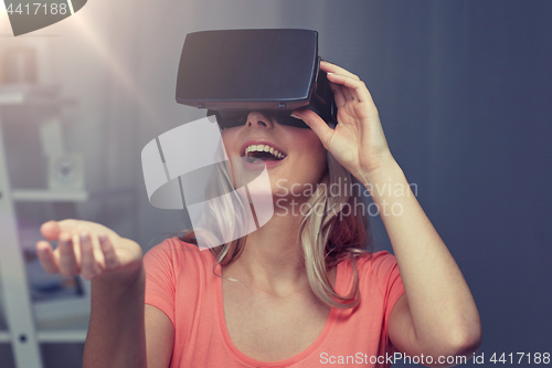 Image of woman in virtual reality headset or 3d glasses