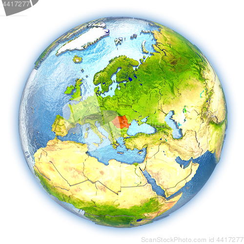 Image of Romania on isolated globe