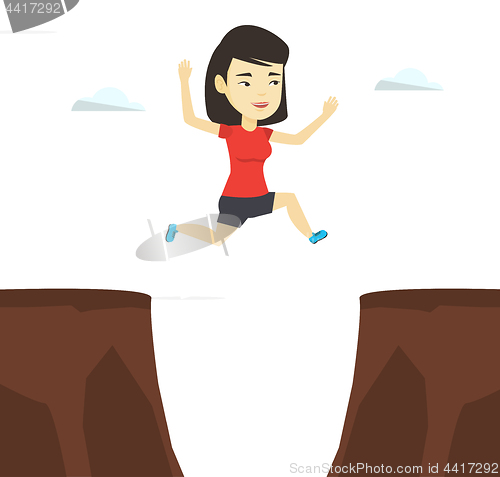 Image of Sportswoman jumping over cliff vector illustration