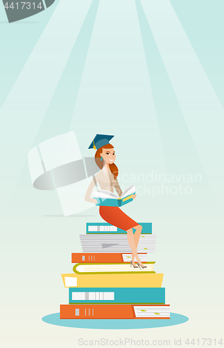 Image of Student sitting on huge pile of books.
