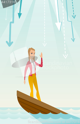 Image of Business woman standing in sinking boat.