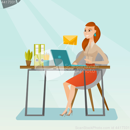 Image of Business woman receiving or sending email.