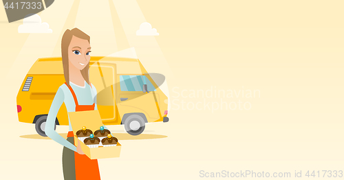 Image of Baker delivering cakes vector illustration.