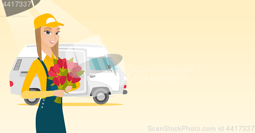 Image of Delivery courier holding bouquet of flowers.