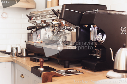 Image of A table setting for coffee on the counter at a coffee house