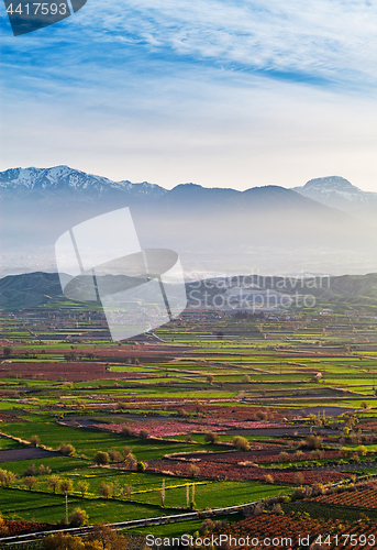 Image of Beutiful sunset over colored agricultiral fields