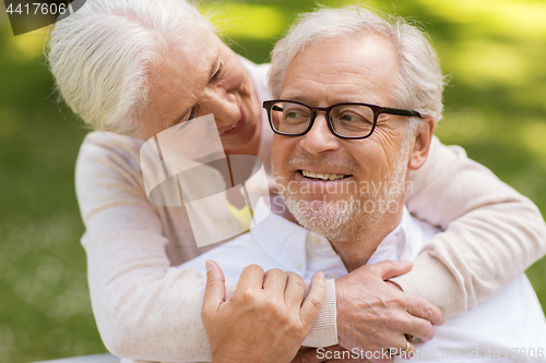 Image of portrait of happy senior couple at park