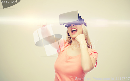 Image of woman in virtual reality headset or 3d glasses