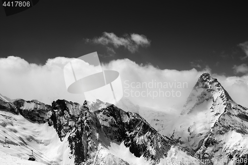 Image of Black and white view on ski resort at snow winter