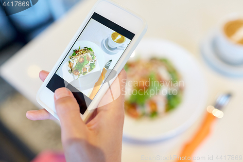 Image of hand with smartphone photographing restaurant food