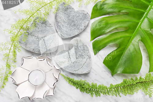 Image of Green plants, stone hearts and lotus candle