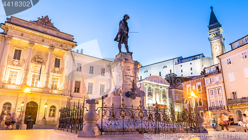 Image of Tartini Square in old tourist costal Mediterranean town of Piran, Slovenia.