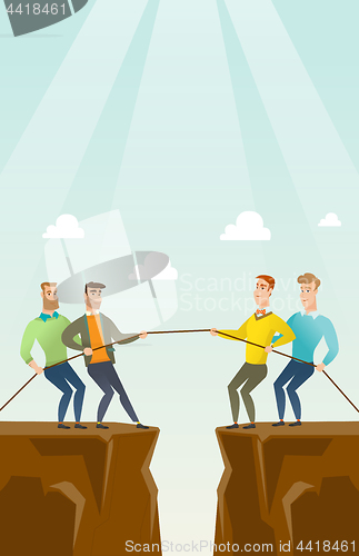 Image of Two groups of business people pulling rope.