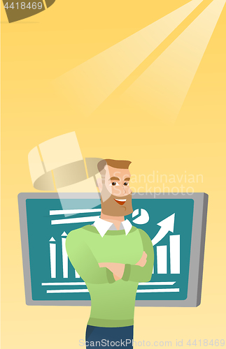 Image of Teacher or student standing in front of chalkboard