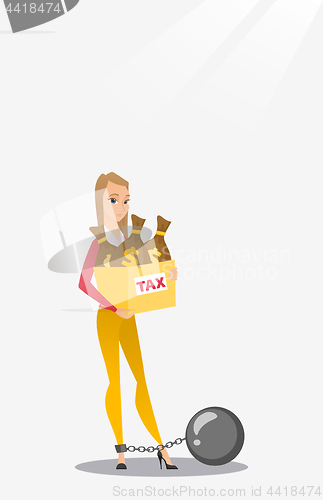 Image of Chained woman with bags full of taxes.