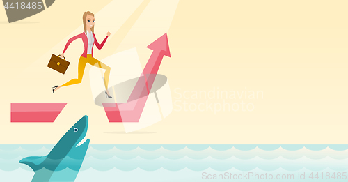 Image of Business woman jumping over ocean with shark.