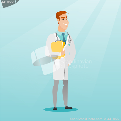 Image of Friendly doctor with a stethoscope and a file.