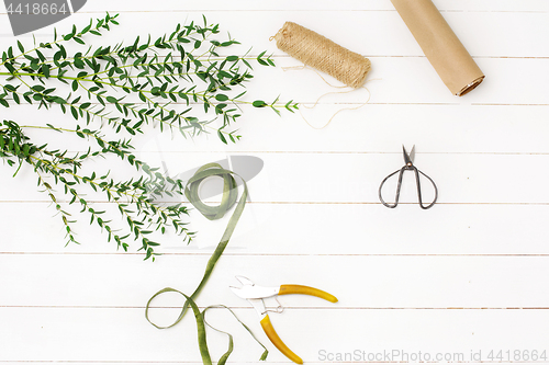 Image of Tools and accessories florists need for making up a bouquet