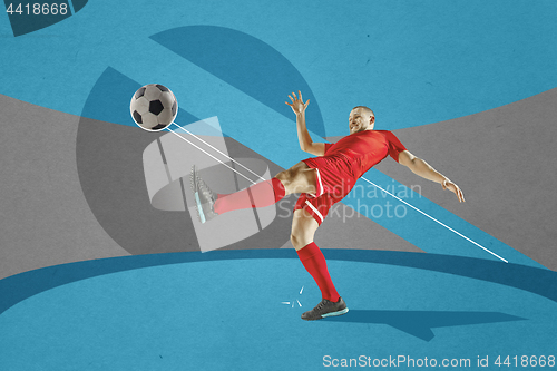 Image of Professional football soccer player with ball on colorful background