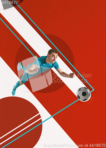 Image of Professional football soccer player with ball on colorful background