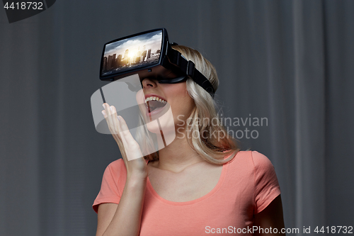 Image of woman in virtual reality headset or 3d glasses