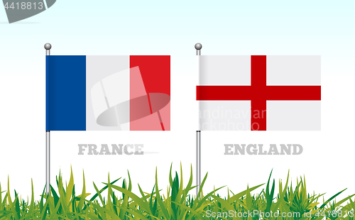 Image of Flags of France and England against the backdrop of grass football stadium. Vector