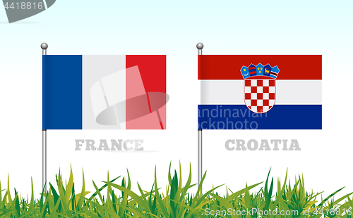 Image of Flags of France and Croatia against the backdrop of grass football stadium. Vector