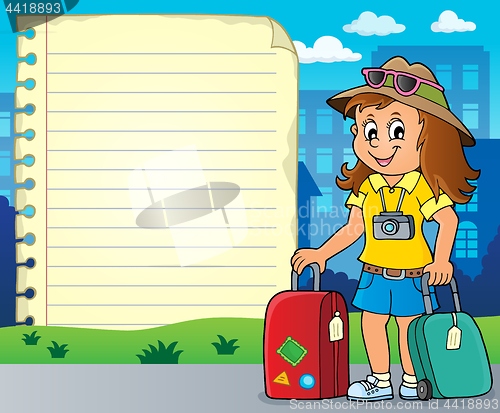 Image of Notepad page with happy tourist woman