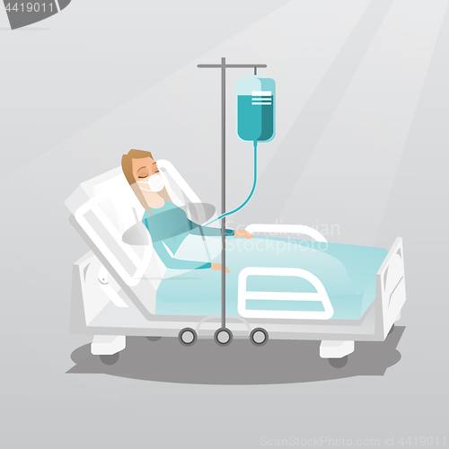 Image of Patient lying in hospital bed with oxygen mask.