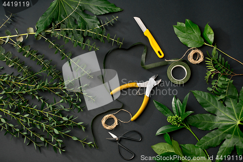 Image of Tools and accessories florists need for making up a bouquet