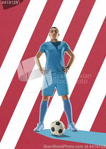 Image of Professional football soccer player with ball on colorful background