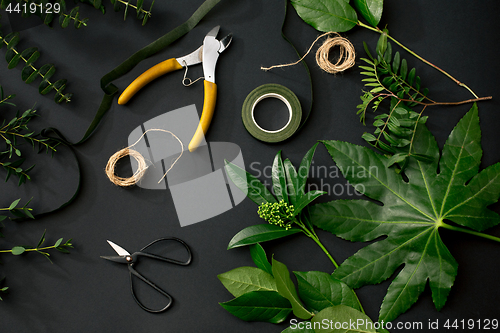 Image of Tools and accessories florists need for making up a bouquet