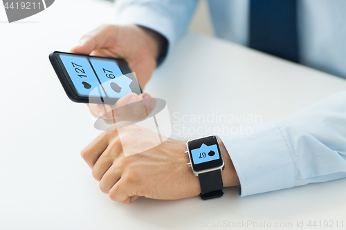 Image of hands with smartphone and smart watch social media