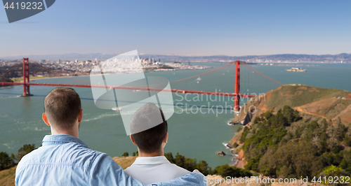 Image of close up of gay couple over golden gate bridge