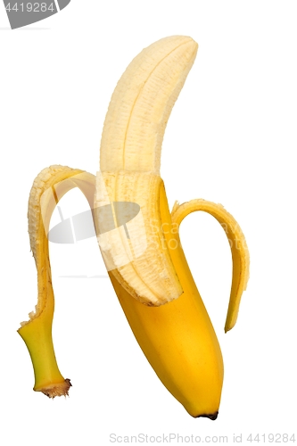 Image of Open banana on white background