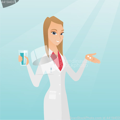 Image of Pharmacist giving pills and a glass of water.
