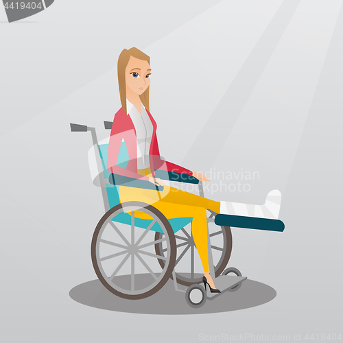 Image of Woman with broken leg sitting in a wheelchair.