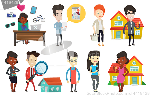 Image of Vector set of real estate agents and house owners.