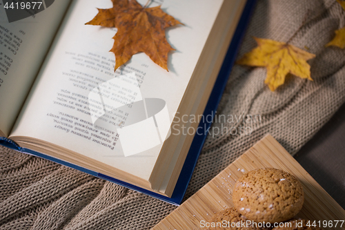 Image of book with autumn leaf and cookies on home blanket