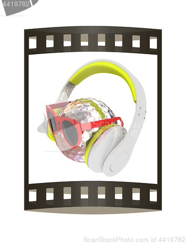 Image of Metal Golf Ball With Sunglasses and headphones. 3d illustration.