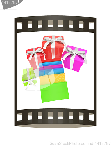 Image of Gifts and books. 3d illustration. The film strip.