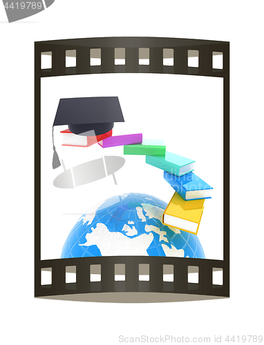 Image of Earth of education with books around and graduation hat. Global 