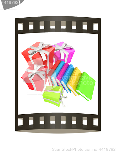 Image of Gifts and books. 3d illustration. The film strip.