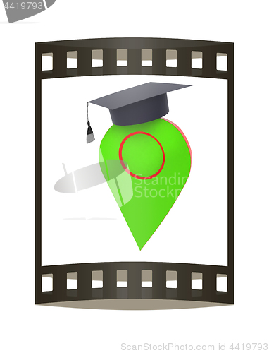 Image of Geo pin with graduation hat on white. School sign, geolocation a