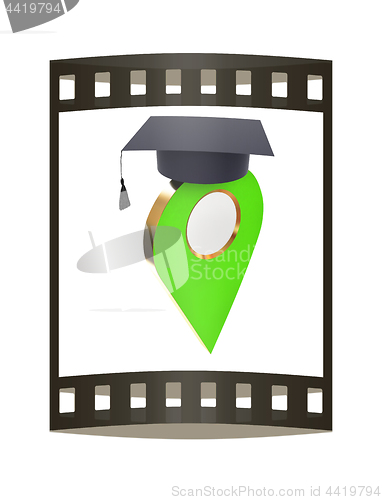 Image of Geo pin with graduation hat on white. School sign, geolocation a