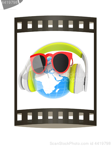 Image of Earth planet with earphones and sunglasses. 3d illustration. The