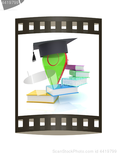 Image of Pointer of education in graduation hat with books around. 3d ill