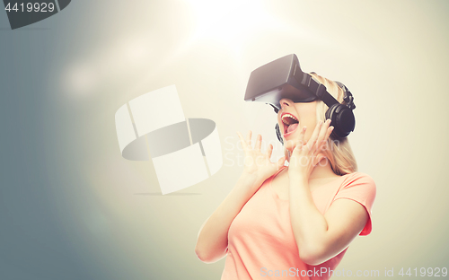 Image of woman in virtual reality headset or 3d glasses